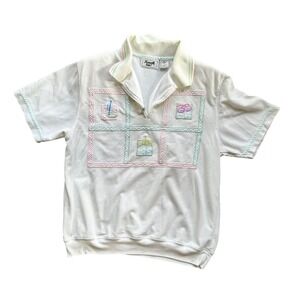 Vintage Keneth too! Women White Beach Embroidered Quarter‎ Zip Polo Top Small